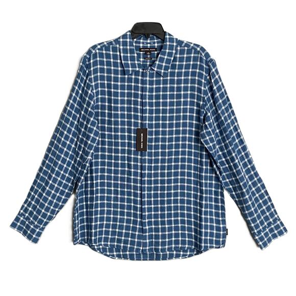 Michael Kors Men's XXL Classic Fit Linen Shirt Blue Check Long Sleeve NEW - Picture 2 of 12